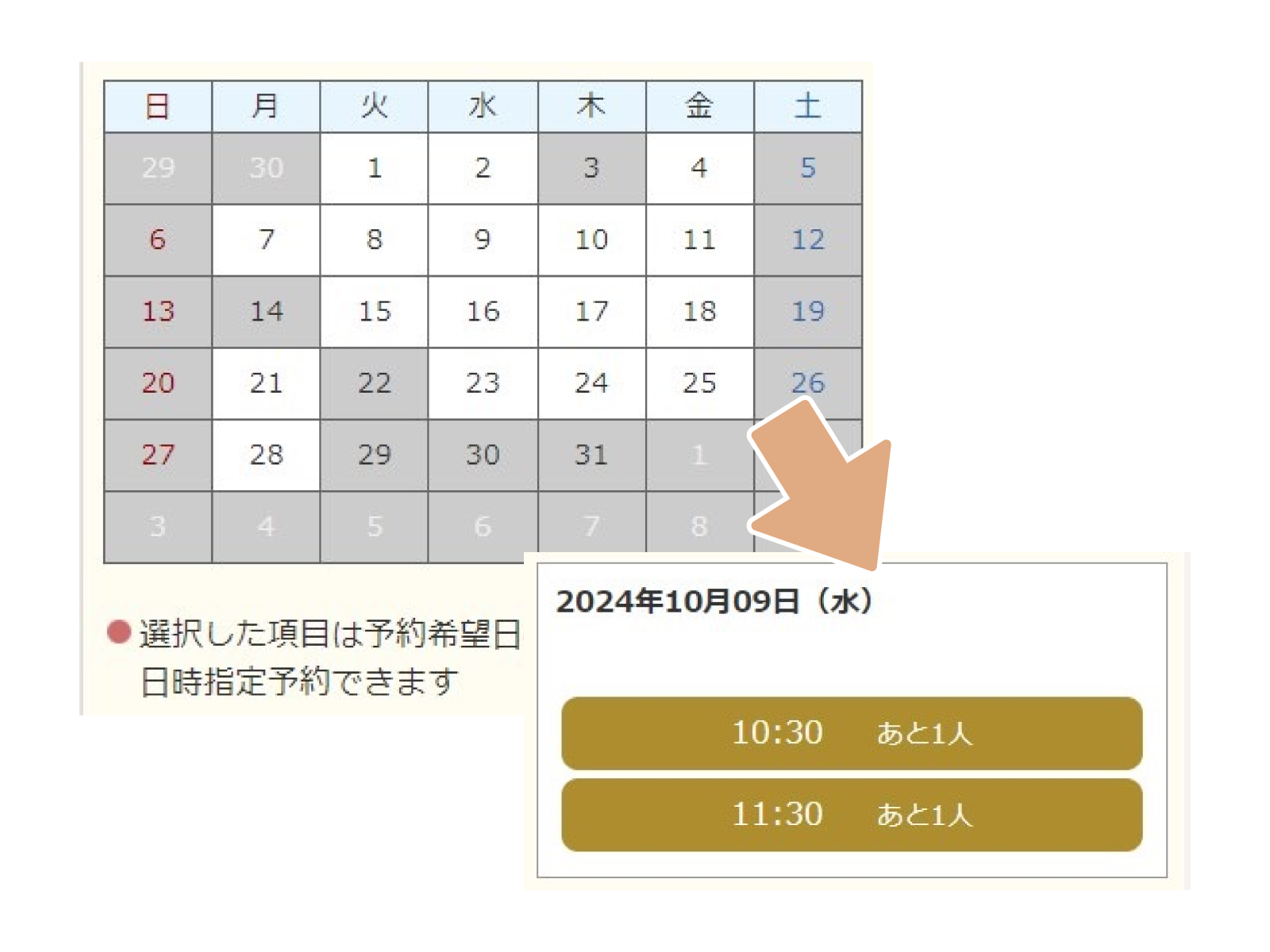 ご希望の日付と時間を選択してください。 なお、グレーで表示されている日付は、ご予約いただけません。